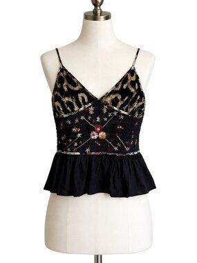 Pura Vida Tank Top Size Small Embroidered Sequin Peplum Fairycore Whimsigoth